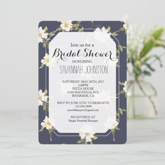 Romantic Navy Blue White Floral Bridal shower 招待状 (スタンド正面)