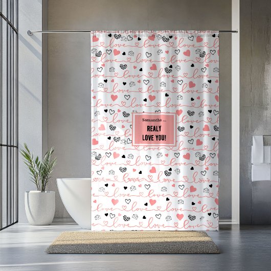 Romantic Newlywed Shower Curtain Pink Black Hearts シャワーカーテン