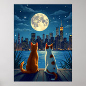 Romantic night cityscape cats moonlight ポスター (正面)