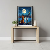Romantic night cityscape cats moonlight ポスター