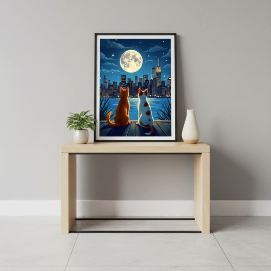 Romantic night cityscape cats moonlight ポスター