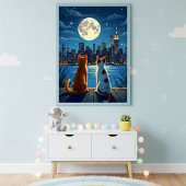 Romantic night cityscape cats moonlight ポスター