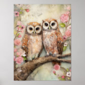 Romantic Owl Pair Floral Nature Cottage  ポスター (正面)