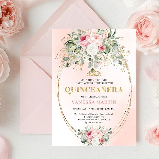 Romantic Pale Pink Eucalyptus Quinceañera Invite 招待状