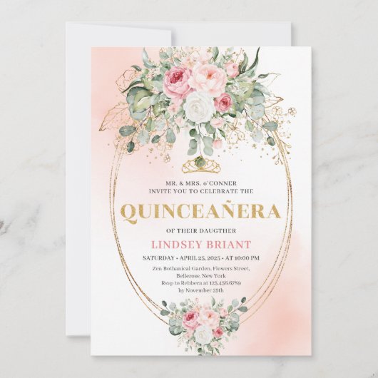 Romantic Pale Pink Eucalyptus Quinceañera Invite 招待状 (正面)