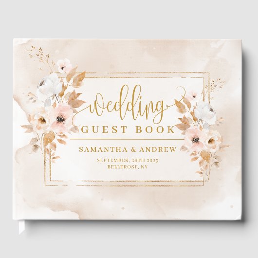 Romantic Pale Pink Gold Frame Wedding Guest Book ゲストブック (正面)