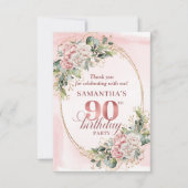Romantic Pale Pink Gold Greenery 90th Birthday  サンキューカード (正面)