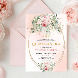 Romantic Pale Pink Rose Gold Quinceañera Card 招待状