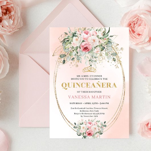 Romantic Pale Pink Rose Gold Quinceañera Card 招待状