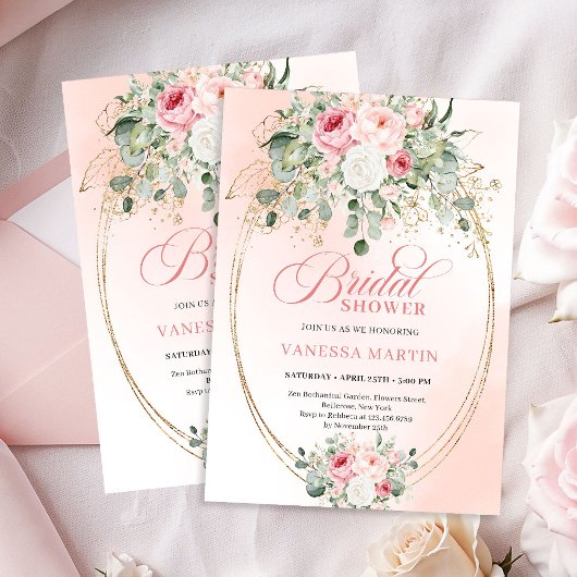 Romantic Pale Pink Roses Bridal Shower Invitation 招待状