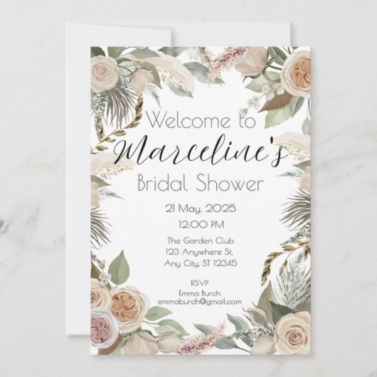 Romantic Pampas and Rose Bridal Shower Invite 招待状 (正面)