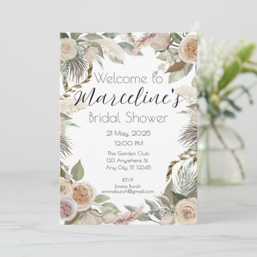 Romantic Pampas and Rose Bridal Shower Invite 招待状 (スタンド正面)