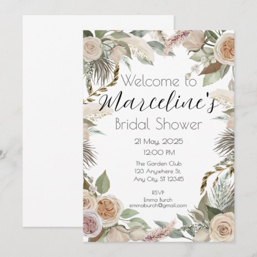 Romantic Pampas and Rose Bridal Shower Invite 招待状 (正面/裏面)