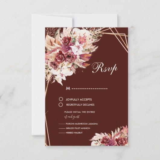 Romantic Pampas Wine Red Floral Wedding RSVP (正面)