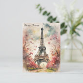 Romantic Paris Eiffel Tower Watercolor Floral ポストカード (スタンド正面)