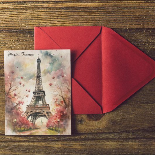 Romantic Paris Eiffel Tower Watercolor Floral ポストカード