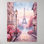 Romantic Paris France – Eiffel Tower Floral ポスター (正面)