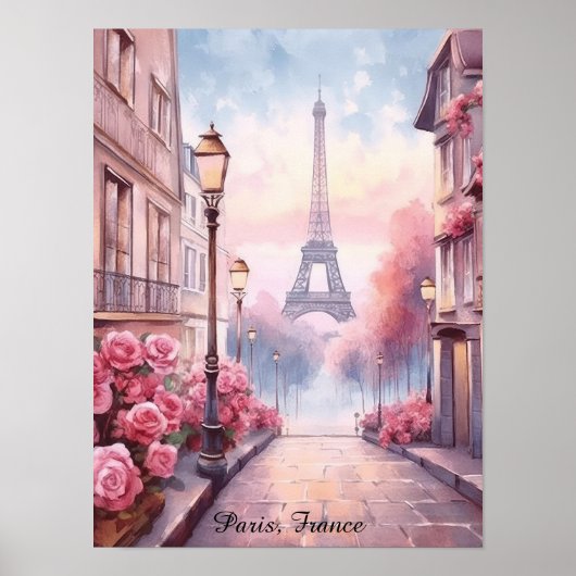 Romantic Paris France – Eiffel Tower Floral ポスター (正面)