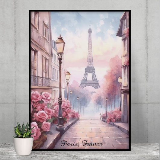Romantic Paris France – Eiffel Tower Floral ポスター