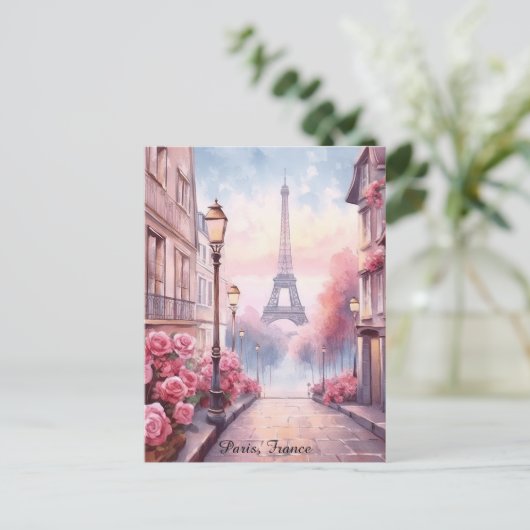 Romantic Paris France – Eiffel Tower Floral ポストカード (スタンド正面)
