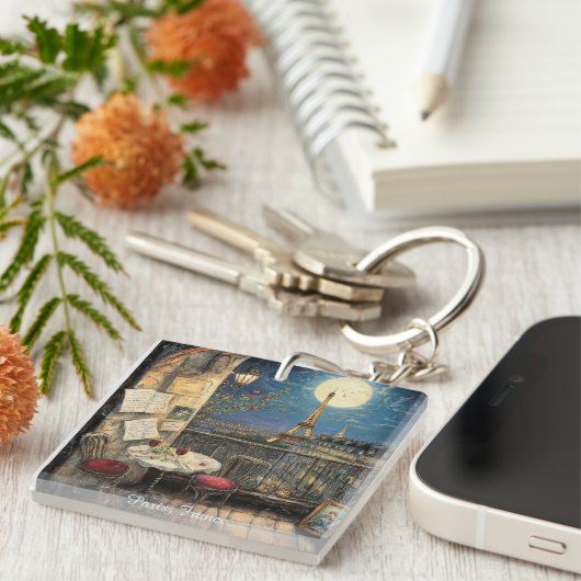 Romantic Paris France Eiffel Tower Illustration キーホルダー (正面右)
