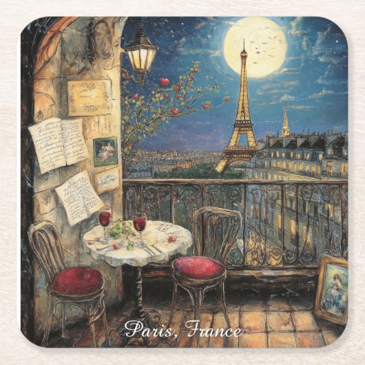 Romantic Paris France Eiffel Tower Illustration スクエアペーパーコースター (正面)