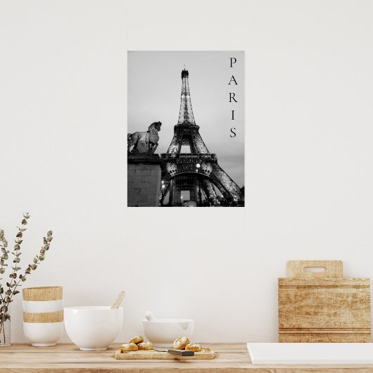 Romantic Paris Lit Up Eiffel Tower Black White ポスター (キッチン)