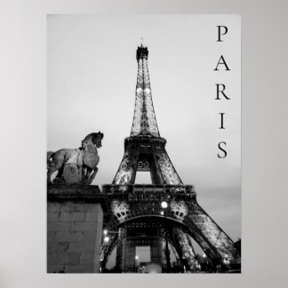 Romantic Paris Lit Up Eiffel Tower Black White ポスター