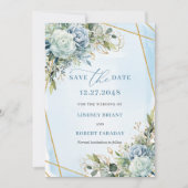 Romantic Pastel Blue Floral Gold Save The Date 招待状 (正面)