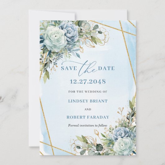 Romantic Pastel Blue Floral Gold Save The Date 招待状 (正面)