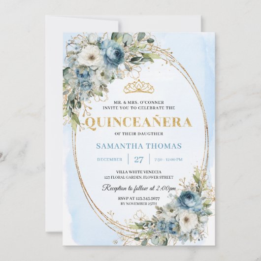 Romantic Pastel Blue Gold Eucalyptus Quinceañera 招待状 (正面)