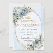 Romantic Pastel Blue Gold Eucalyptus Quinceañera   招待状 (正面)