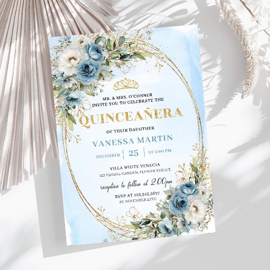 Romantic Pastel Blue Gold Eucalyptus Quinceañera   招待状
