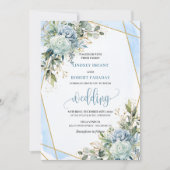 Romantic Pastel Blue Gold Flowers Wedding Invite 招待状 (正面)