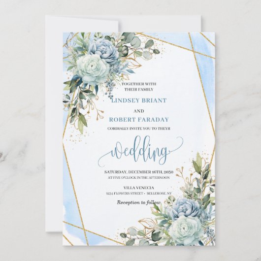 Romantic Pastel Blue Gold Flowers Wedding Invite 招待状 (正面)