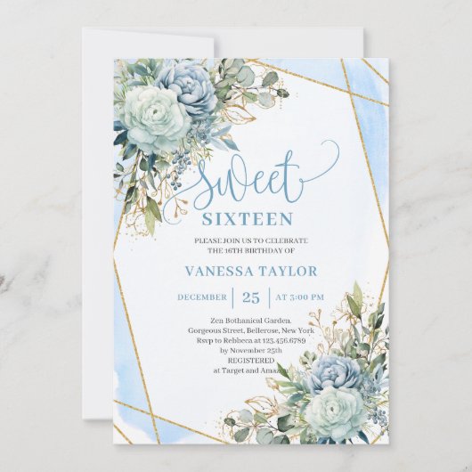 Romantic pastel blue peonies sweet 16 invitation 招待状 (正面)
