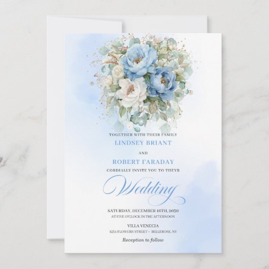 Romantic Pastel Blue Peony Eucalyptus Gold Wedding 招待状 (正面)