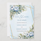 Romantic Pastel Blue White Gold Floral Save Date 招待状 (正面)