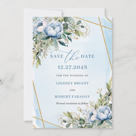 Romantic Pastel Blue White Gold Floral Save Date 招待状 (正面)
