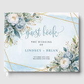 Romantic Pastel Blue White Peonies Gold Guest Book ゲストブック (正面)