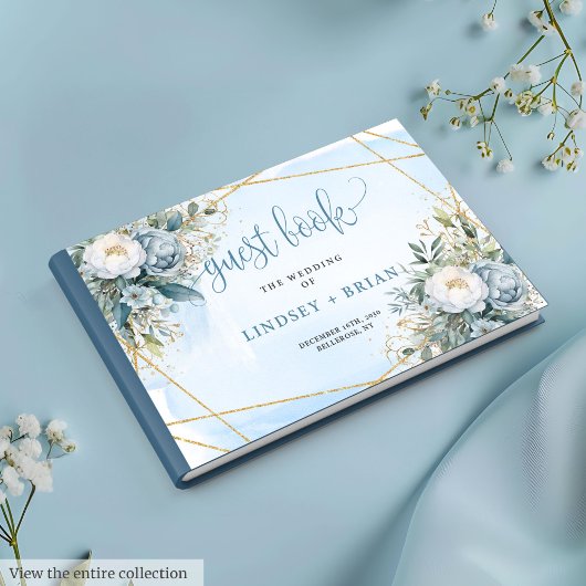 Romantic Pastel Blue White Peonies Gold Guest Book ゲストブック