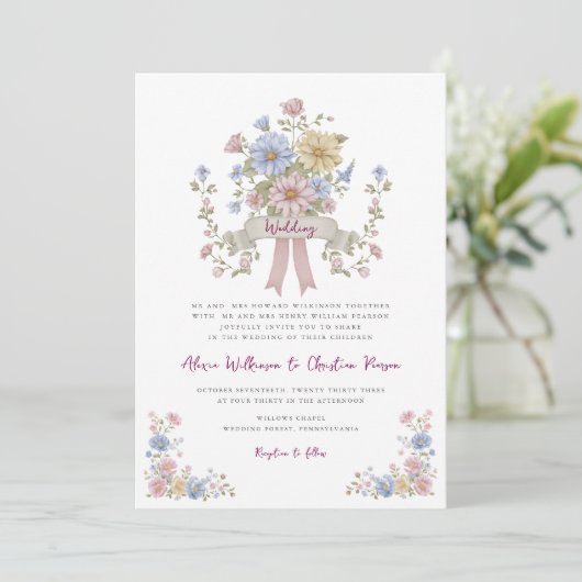 Romantic Pastel Floral all in one wedding qr code  招待状 (スタンド正面)