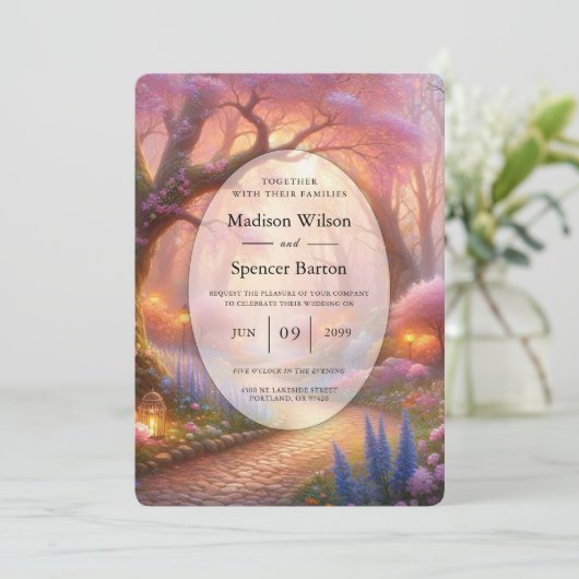 Romantic Pastel Garden Path Lantern Wedding 招待状 (スタンド正面)