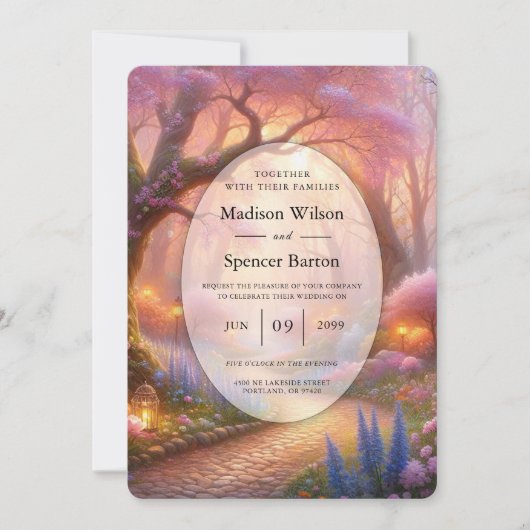 Romantic Pastel Garden Path Lantern Wedding 招待状 (正面)