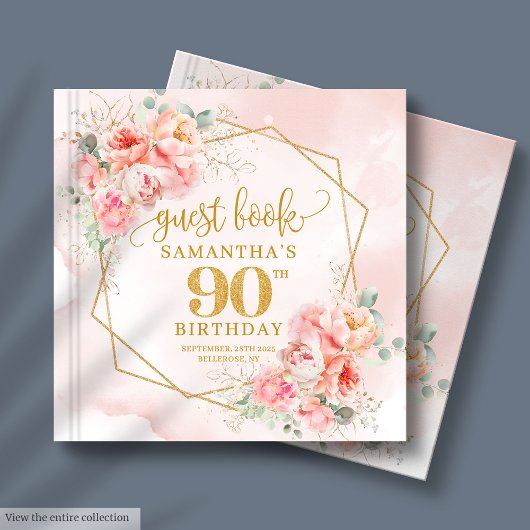 Romantic Pastel Pink Gold Peonies 90th Birthday  ゲストブック