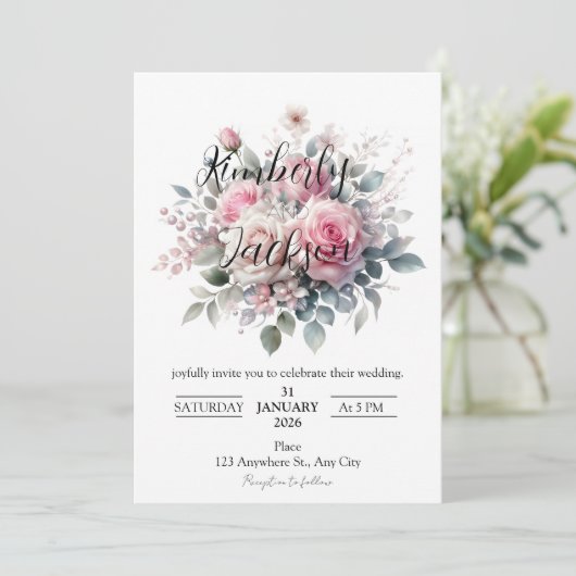 Romantic Pastel Pink Rose Floral 招待状 (スタンド正面)