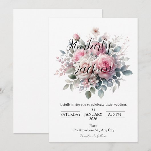 Romantic Pastel Pink Rose Floral 招待状 (正面/裏面)