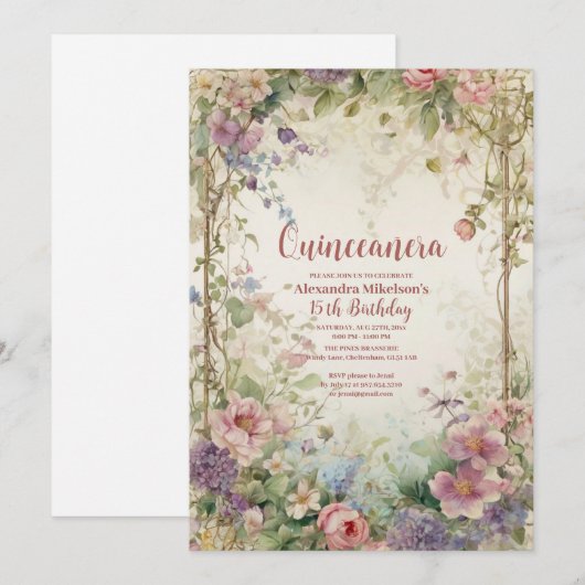 Romantic Pastel Wildflowers Quinceañero 招待状 (正面/裏面)