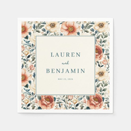 Romantic Peach Floral スタンダードカクテルナプキン (正面)