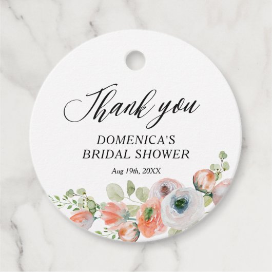 Romantic Peach Floral Bridal Shower フェイバータグ (正面)